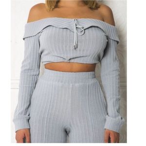 Grey Off The Shoulder Oversized Ribbed Top